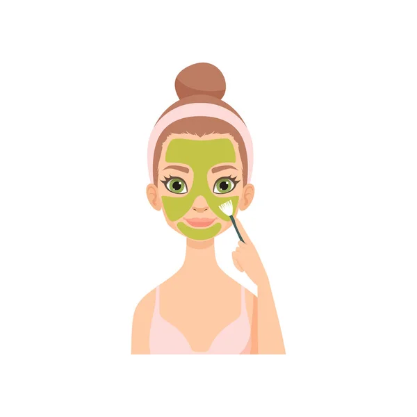 Mujer joven aplicando máscara natural, niña cuidando su cara y piel, tratamiento facial procedimiento vector Ilustración — Vector de stock