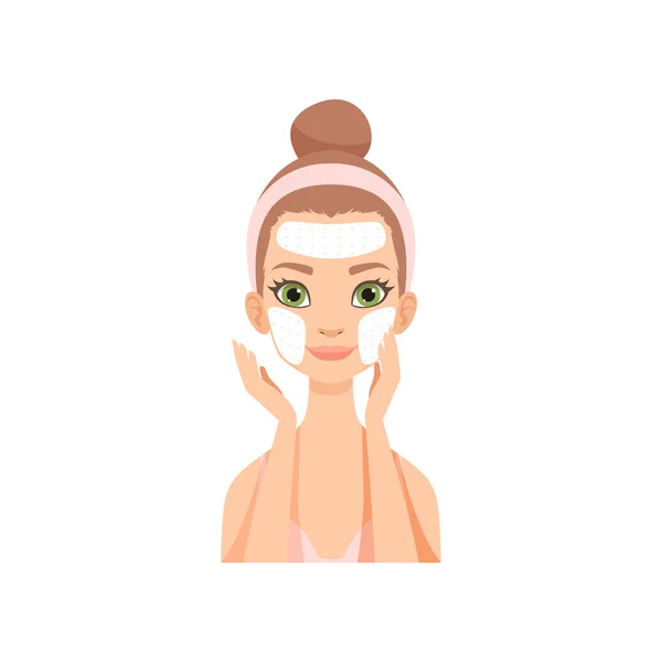 Mujer joven atractiva aplicando mascarilla limpiadora, niña cuidando su cara y piel, tratamiento facial procedimiento vector Ilustración — Vector de stock