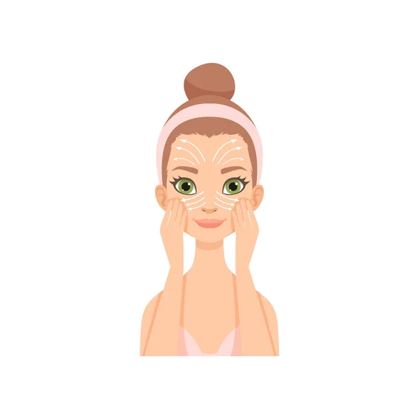 Attractive young woman massaging her face, massage lines, girl caring for her face and skin, facial treatment procedure vector Illustration — Stock vektor