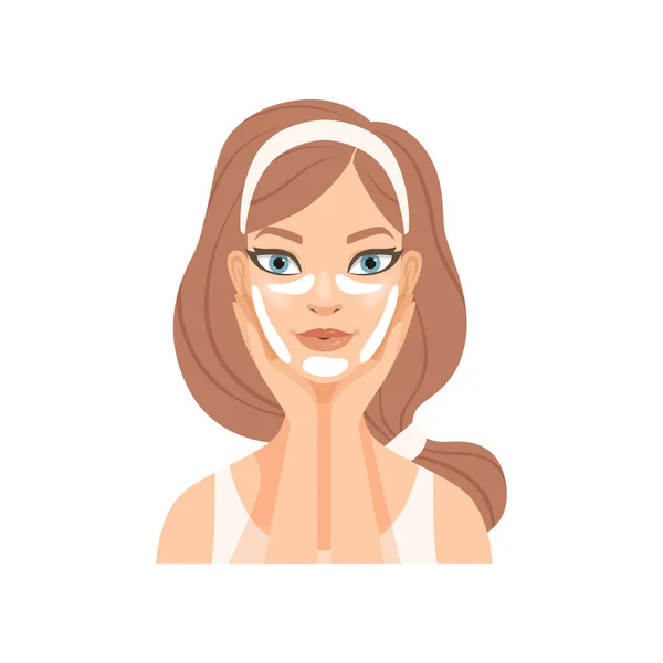 Mujer joven atractiva con cinta facial kinesio, niña que cuida su cara y piel, tratamiento facial procedimiento vector Ilustración — Vector de stock