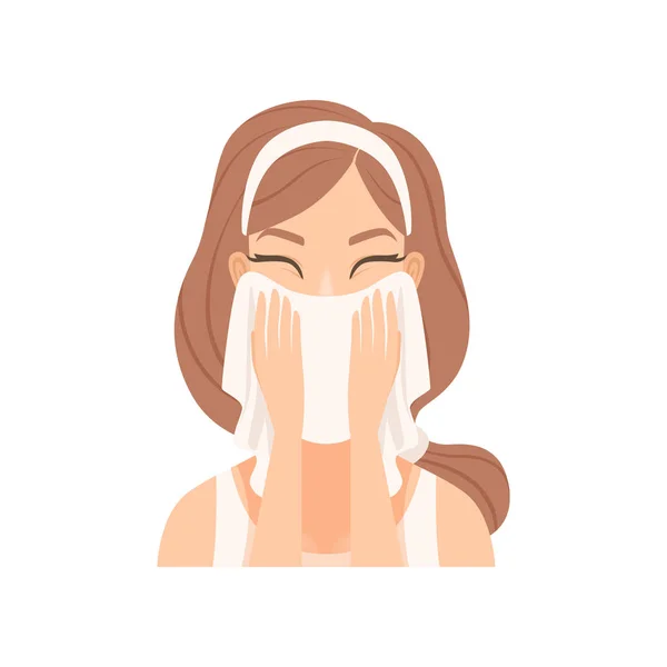 Atractiva joven mujer limpiándose la cara con una toalla, niña cuidando su cara y piel, procedimiento de tratamiento facial, vector Ilustración — Vector de stock