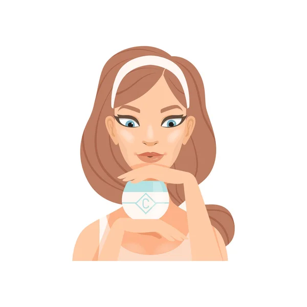 Aantrekkelijke jonge vrouw met crème jar, meisje zorg voor haar gezicht en huid, gezichtsbehandeling procedure, vector illustratie — Stockvector