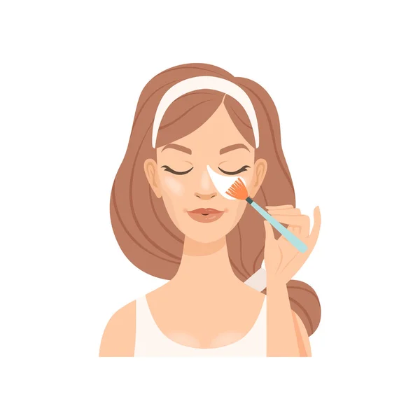 Attractive young woman cleaning her face with a cotton swab, girl caring for her face and skin, facial treatment procedure, vector Illustration — Stockvector