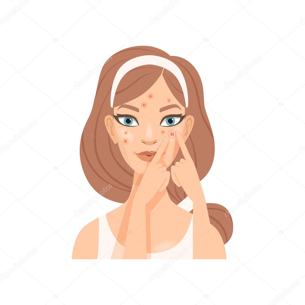 Attractive young woman squeezing out a pimple, girl with skin problems caring for her face, facial treatment procedure vector Illustration