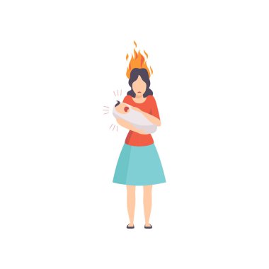 Tired mother with burning brain holding her screaming newborn baby, emotional burnout concept, stress, headache, depression, psychological problems vector Illustration