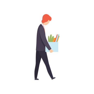 İş adamı işten, adam kişisel eşyalar, ofis çalışanı işten, işsiz adam vektör çizim bir kutuyla reddetti.