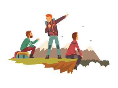 İnsanlar, birlikte, dağlarda hiking turistler seyahat adam dağın zirvesinde, dinlenme backpacking gezisi ya da sefer vektör çizim