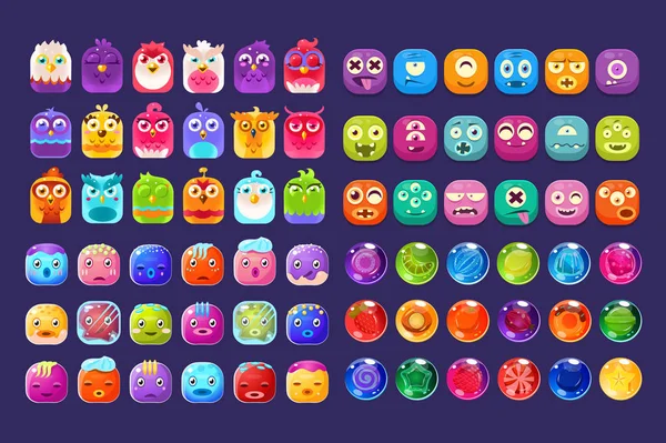 Kolekcja figurek błyszczący kolorowy o różnych kształtach, ilustracja wektorowa aktywów interfejsu użytkownika dla aplikacji mobilnych lub gier wideo — Wektor stockowy