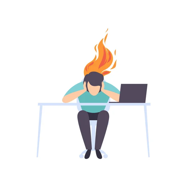 Exhausted tired man sitting at his working place with computer in office, businessman with burning brain, emotional burnout concept — Stockvector