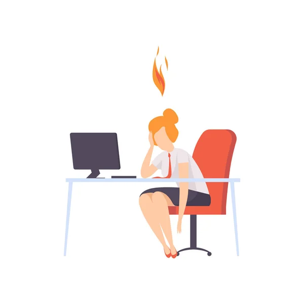 Mujer cansada agotada sentada en su lugar de trabajo con computadora en la oficina, mujer de negocios con cerebro ardiente, concepto de agotamiento emocional — Archivo Imágenes Vectoriales