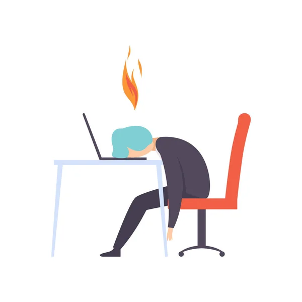 Überlasteter Erschöpfter sitzt am Arbeitsplatz mit Computer im Büro, Geschäftsmann mit brennendem Gehirn, emotionales Burnout-Konzept — Stockvektor