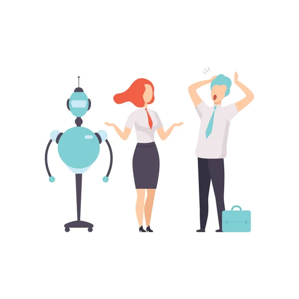 Contratación de personas o robots, androide y el hombre de la competencia por un trabajo, oficinista despedido del trabajo, vector ilustración — Vector de stock