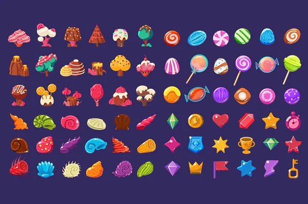 Kleurrijke Jelly glossy figuren van verschillende vormen, Sweet candy land cute fantasy elementen, snoep, snoepjes gebruikersinterface assets voor mobiele apps of video games vector illustratie — Stockvector