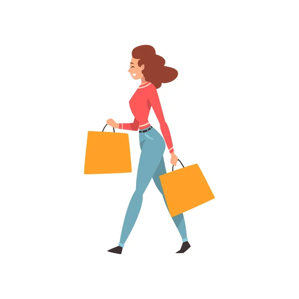 Young beautiful woman with shopping bags and packages, girl enjoying shopping vector Illustration — Stok Vektör