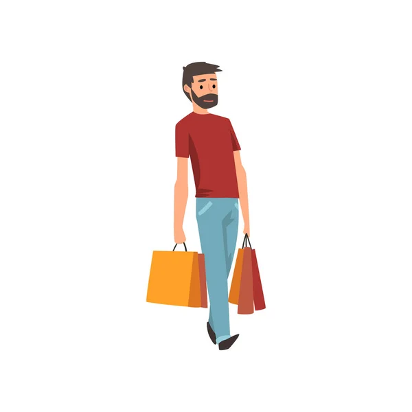 Young bearded man walking with shopping bags, man purchasing of goods or gifts vector Illustration — Stock Vector