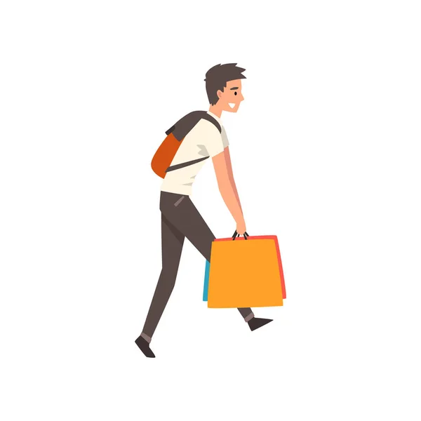 Joven llevando pesadas bolsas de compras, chico compra de bienes y regalos vector Ilustración — Vector de stock