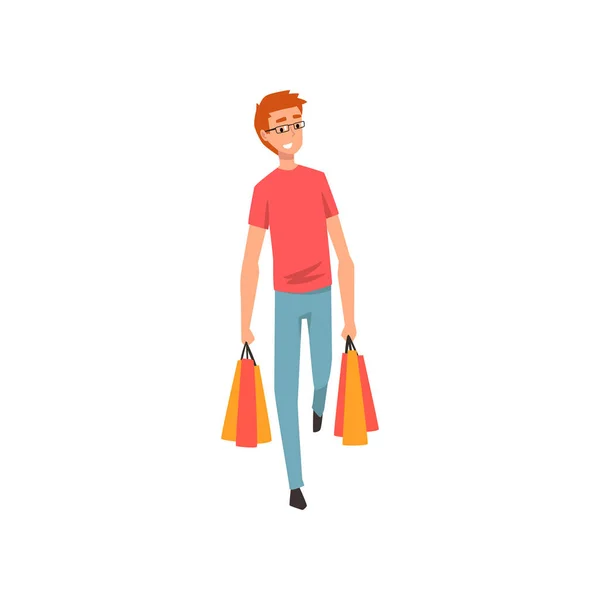 Young man walking with shopping bags, guy enjoying shopping vector Illustration — Stok Vektör