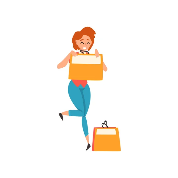 Sonriente mujer joven con el pelo rojo corto disfrutando de compras, chica compra de bienes y regalos vector Ilustración — Vector de stock