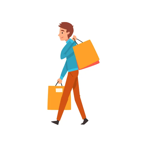 Vidám fiatalember bevásárló táskák, a srác élvezi a bevásárló és a beszerzési áruk vagy ajándékok vektor illusztráció — Stock Vector