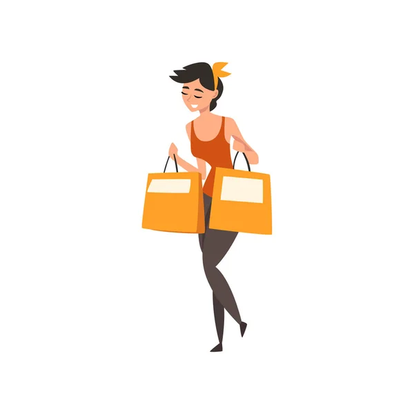 Young beautiful cheerful walking woman with bags, girl enjoying shopping vector Illustration — Stok Vektör