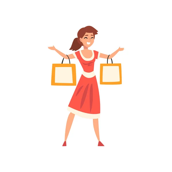 Mujer joven sonriente con bolsas y paquetes de compras, chica disfrutando del vector de compras Ilustración — Vector de stock