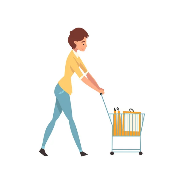 Junge Frau zu Fuß mit Einkaufswagen, Mädchen genießen Einkaufsvektorillustration — Stockvektor
