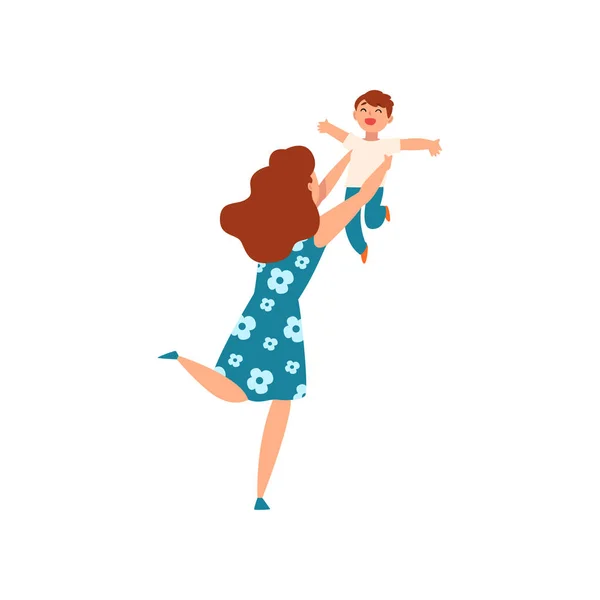 Мать бросает сына и ловит его, молодая женщина играет со своим ребенком, материнство, воспитание концепции вектор иллюстрации — стоковый вектор