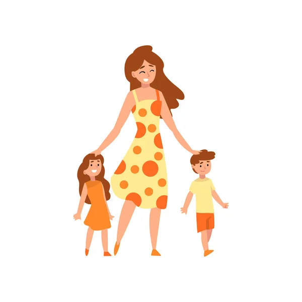 Madre feliz caminando con su hijo y su hija, mamá pasando un buen rato con sus hijos, familia feliz, concepto de crianza vector ilustración — Archivo Imágenes Vectoriales