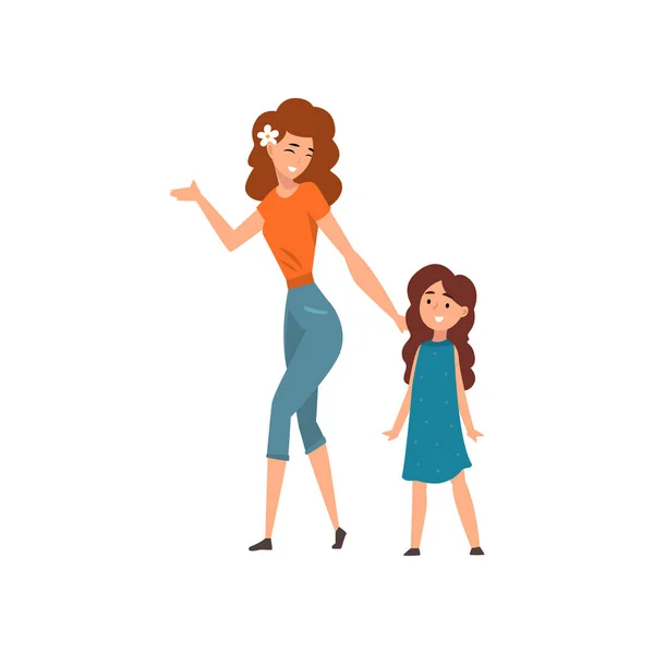 Sonriente madre caminando con su hija, mamá pasando un buen rato con su hijo, familia feliz, concepto de crianza vector ilustración — Vector de stock