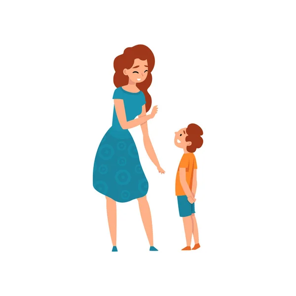 Madre hablando con su hijo, mamá pasando un buen rato con su hijo, maternidad, crianza concepto vector Ilustración — Vector de stock