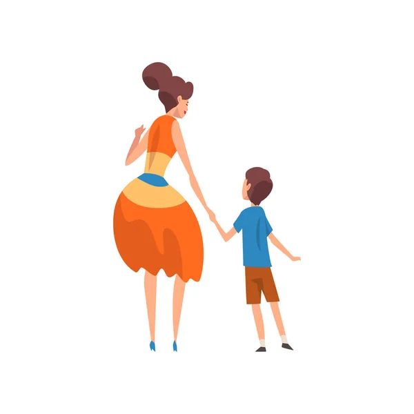 Madre sosteniendo a su hijo a mano, vista trasera, madre pasando un buen rato con su hijo, familia feliz, crianza concepto vector ilustración — Vector de stock