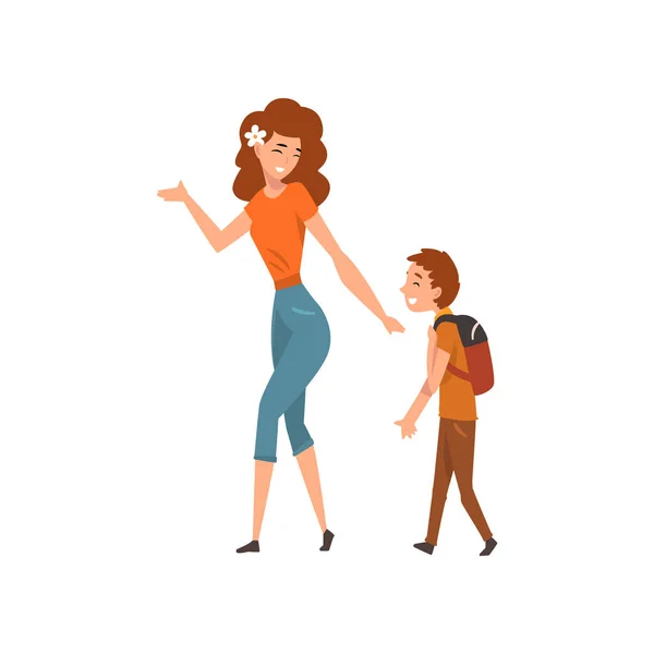 Madre hablando con su hijo que camina con la mochila, mamá pasar un buen rato con su hijo, maternidad, crianza concepto vector Ilustración — Vector de stock