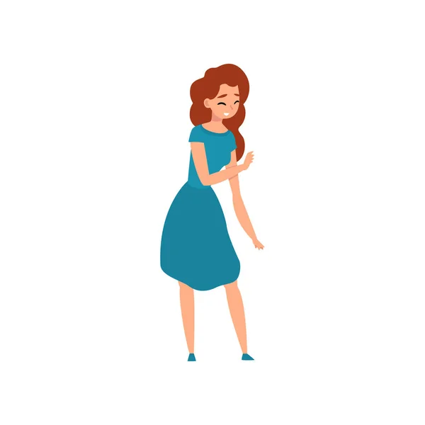 Mujer atractiva alegre con vestido azul vector Ilustración — Vector de stock