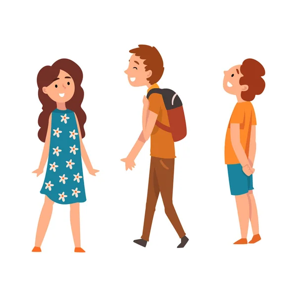 Heureux écoliers, deux garçons et une fille, vecteur Illustration — Image vectorielle