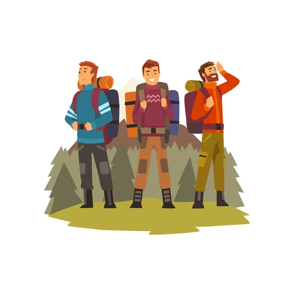 Mężczyzn podróżujących razem, camping ludzi, backpacking podróży lub wyprawy ilustracja wektorowa — Wektor stockowy