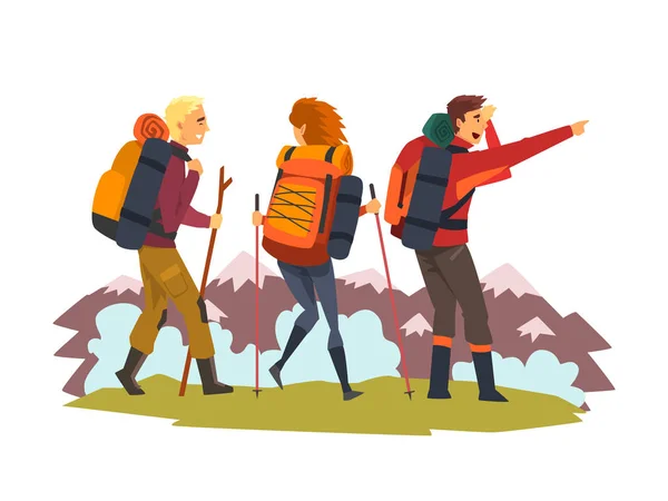 Homens e mulheres viajando juntos, turistas caminhando em montanhas, aventura de verão e vetor de exploração Ilustração —  Vetores de Stock