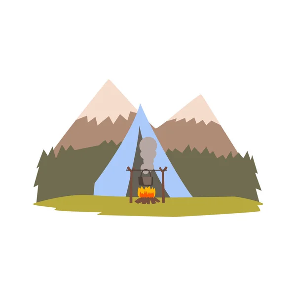 Paisaje de verano con montañas, bosque y tienda, camping, viajes, aventuras al aire libre vector Ilustración — Vector de stock