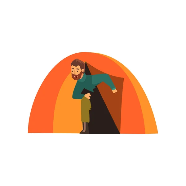 Man looking out of tent, outdoor adventures, travel, camping, backpacking trip or expedition vector Illustration — Stockový vektor