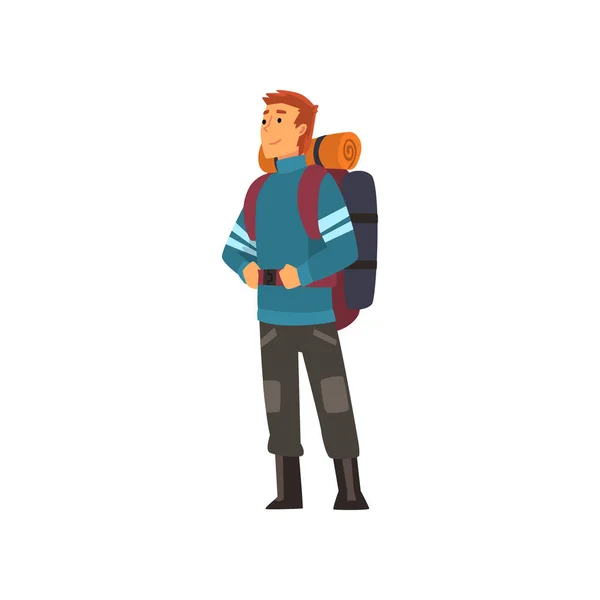 Hombre con mochila, viaje de aventura de senderismo, viaje de mochilero o vector de expedición Ilustración — Vector de stock