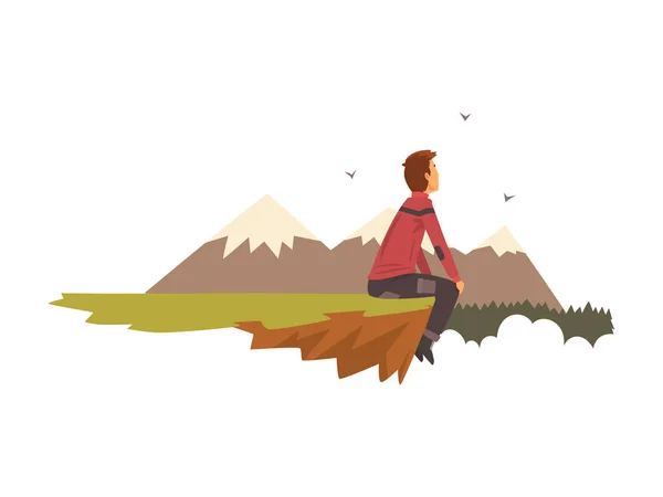 Hombre sentado en la cima de la montaña, senderismo turístico en las montañas, aventuras al aire libre, viajes, viaje de mochilero o expedición vector Ilustración — Vector de stock