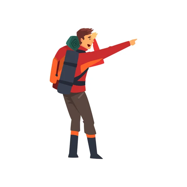 Чоловік з рюкзаком вказує пальцем, пішохідні пригоди подорожі, кемпінг, поїздка з рюкзаком або експедиція Векторні ілюстрації — стоковий вектор