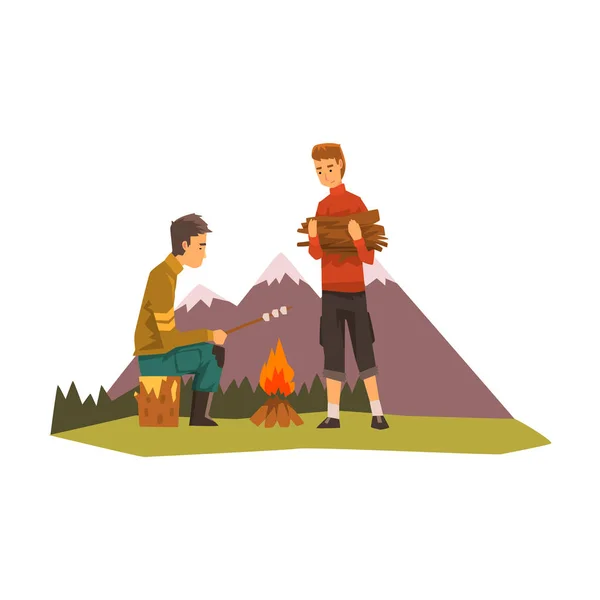 People camping, tourists near bonfire, man roasting marshmallows, outdoor adventures travel, backpacking trip or expedition vector Illustration — Stock Vector