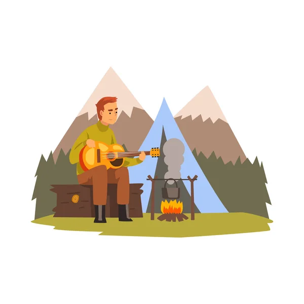 Joven tocando la guitarra, paisaje de montaña de verano, viajes de aventura de senderismo, camping y concepto relajante, vacaciones de verano vector Ilustración — Vector de stock