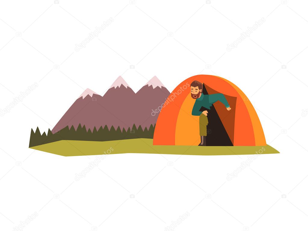 Man looking out of tent, summer landscape with mountains and forest, camping, traveling, outdoor adventures vector Illustration