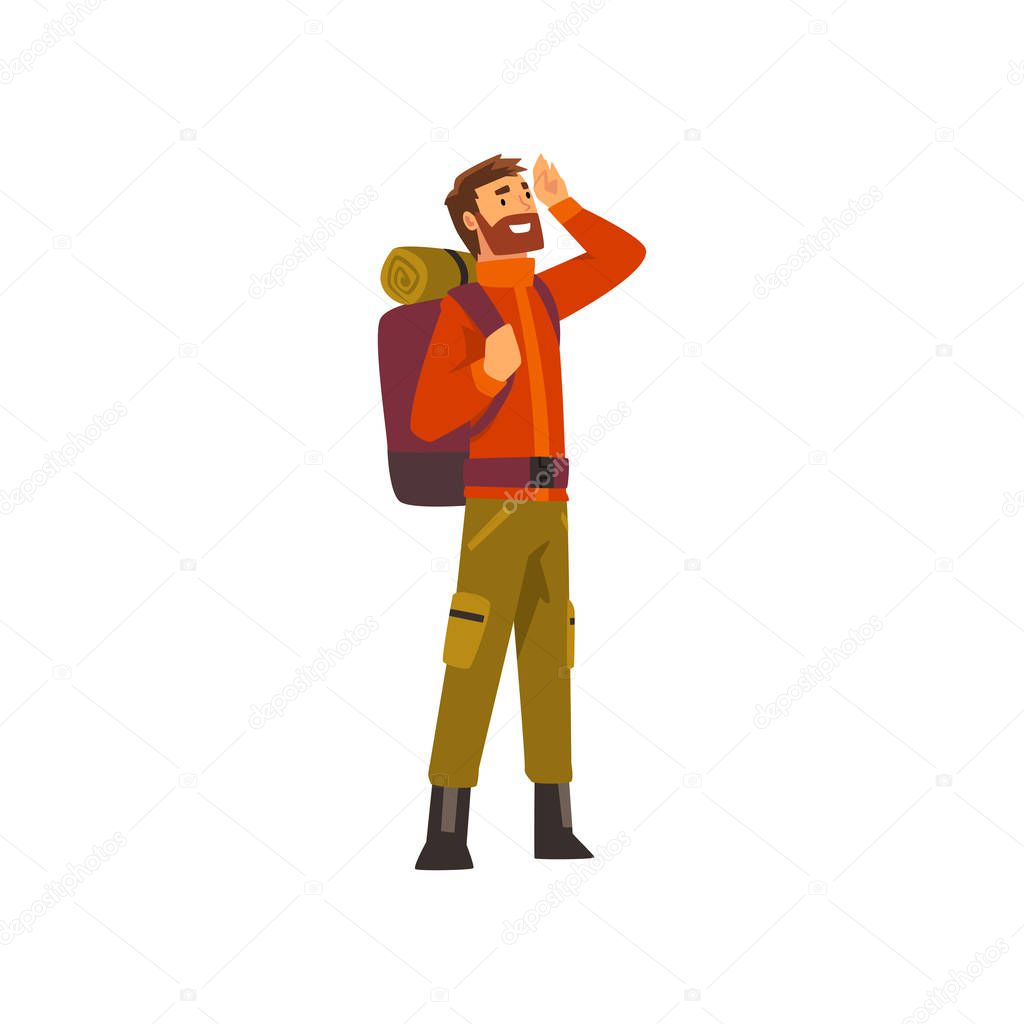 Tourist man with backpack, outdoor adventures, travel, camping, backpacking trip or expedition vector Illustration