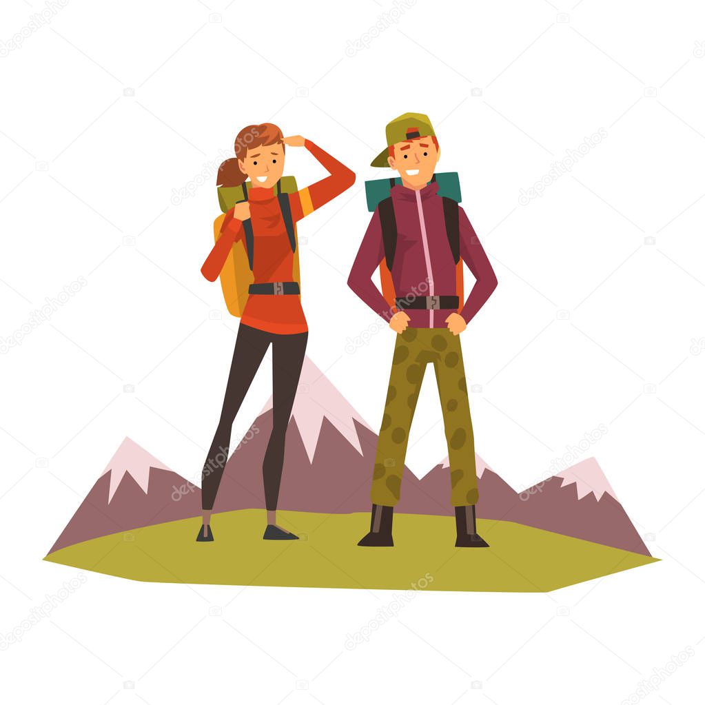 People travelling, couple hiking, mountain landscape, backpacking trip or expedition vector Illustration