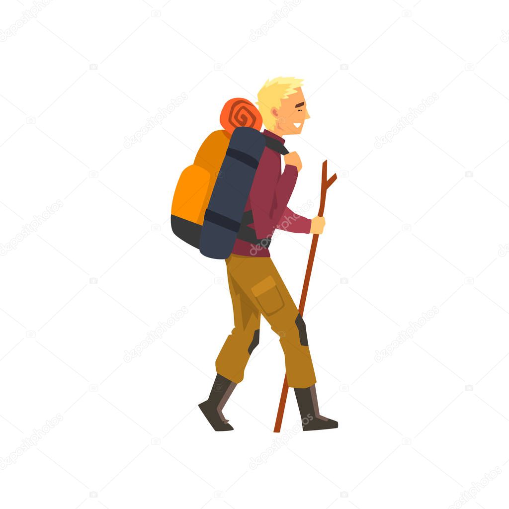 Man walking with backpack and stuff, outdoor adventures, travel, camping, backpacking trip or expedition vector Illustration
