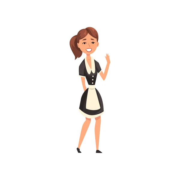 Empregada sorridente, personagem empregada doméstica vestindo uniforme clássico com vestido preto e avental branco, serviço de limpeza vetor Ilustração — Vetor de Stock
