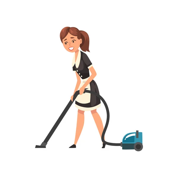 Pembantu tersenyum dengan vacuum cleaner, pembantu rumah tangga karakter mengenakan seragam klasik dengan gaun hitam dan celemek putih, membersihkan layanan vektor Ilustrasi - Stok Vektor