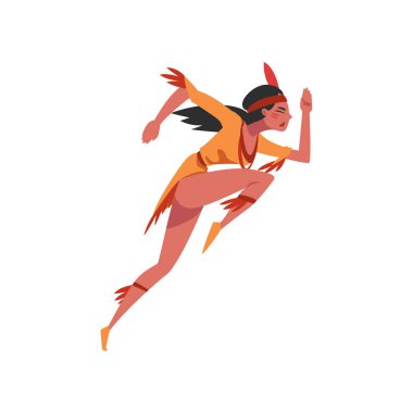 Native American Indian girl running, young woman in traditional ethnic clothes and headband with feather vector Illustration clipart